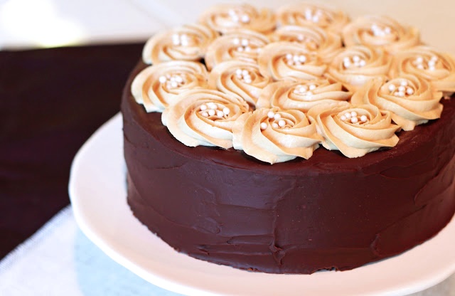 Chocolate fudge and peanut butter frosted cake