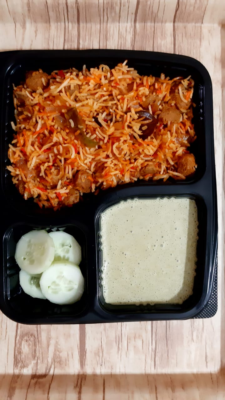 Soya biryani with raita meal