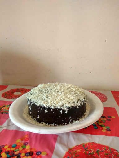 Black forest cake with white chocolate topping